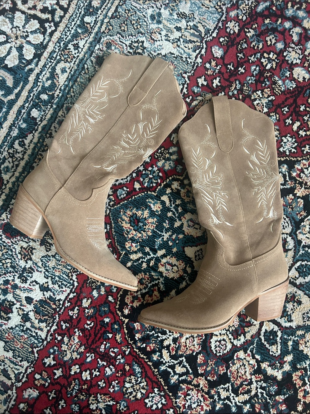 Taupe Suede Western Heeled Boots with Embroidered Shaft